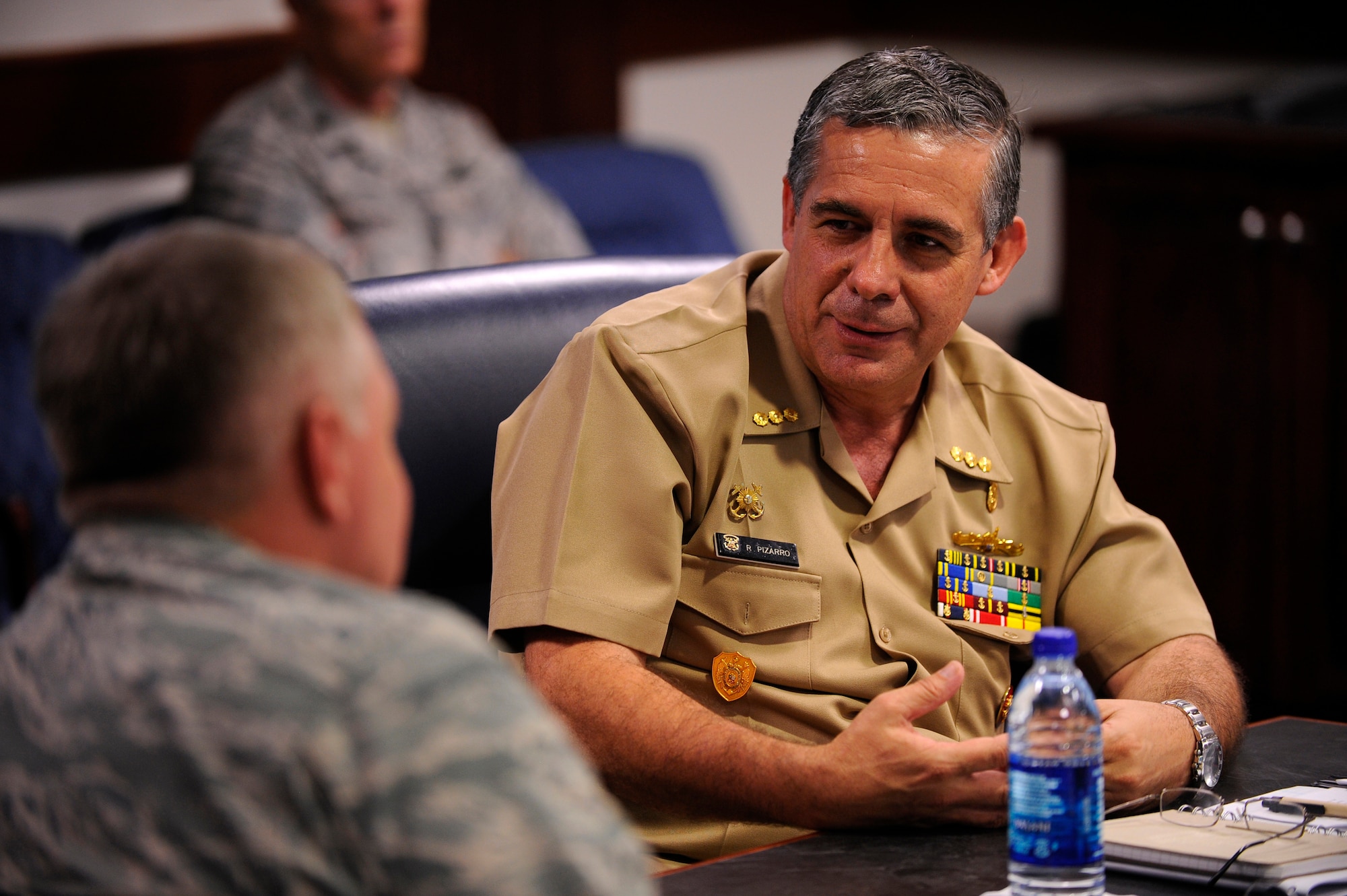 HURLBURT FIELD, FL. -- Maj. General Kurt Cichowski, Vice Commander Air Force Special Operations Command, and Peruvian Vice Adm. Reynaldo Tomas Pizarro Antram, Chief of Staff, Armed Forces Joint Staff Peru, talk during a visit here Aug. 11. The Vice Chairman Joint Chiefs of Staff, invited Admiral Pizarro to visit various U.S. installations to talk about future U.S.-Peru Mil-to-Mil cooperation, training and engagement. (U.S. Air Force photo/Senior Airman Jason Epley)