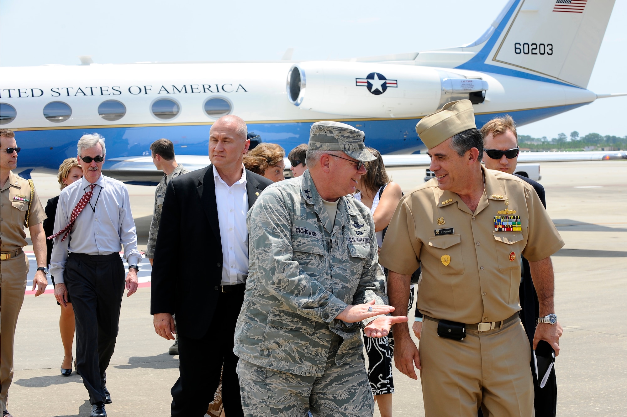 HURLBURT FIELD, FL. -- Maj. General Kurt Cichowski, Vice Commander Air Force Special Operations Command, greets Peruvian Vice Adm. Reynaldo Tomas Pizarro Antram, Chief of Staff, Armed Forces Joint Staff Peru, after arriving here Aug. 11. The Vice Chairman Joint Chiefs of Staff, invited Admiral Pizarro to visit various U.S. installations to talk about future U.S.-Peru Mil-to-Mil cooperation, training and engagement. (U.S. Air Force photo/Senior Airman Jason Epley)