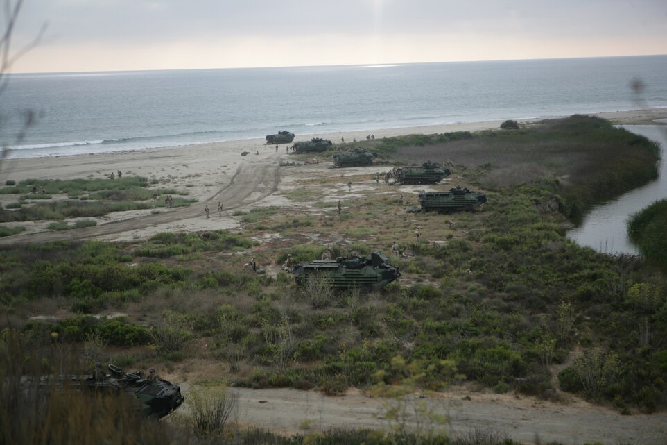Amphibious assault vehicles lay in a defensive position Aug. 19 as Marines with Company G wait to conduct a night raid. The raid was the final training exercise for Battalion Landing Team 2/4 before it deploys with the 11th Marine Expeditionary Unit.