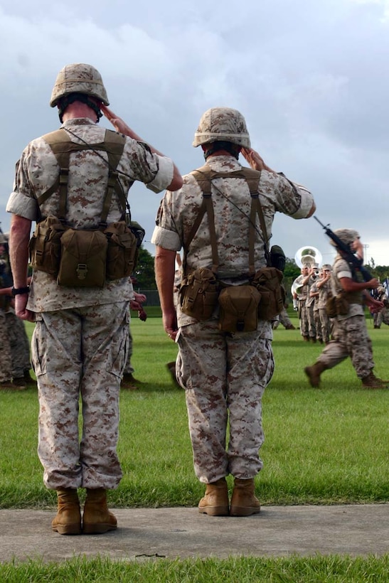 U.S. Marine Corps Maj. Gen. Robert B. Neller and Brig. Gen. James B. Laster salute a passing plattoon of 3D Marine Division (3D MarDiv) Marines during the pass in review at the 3D MarDiv Change of Command ceremony on Camp Hansen, Okinawa, Japan, Aug. 20, 2008. (U. S. Marine Corps photo by Pfc. Lora Harter/Released)