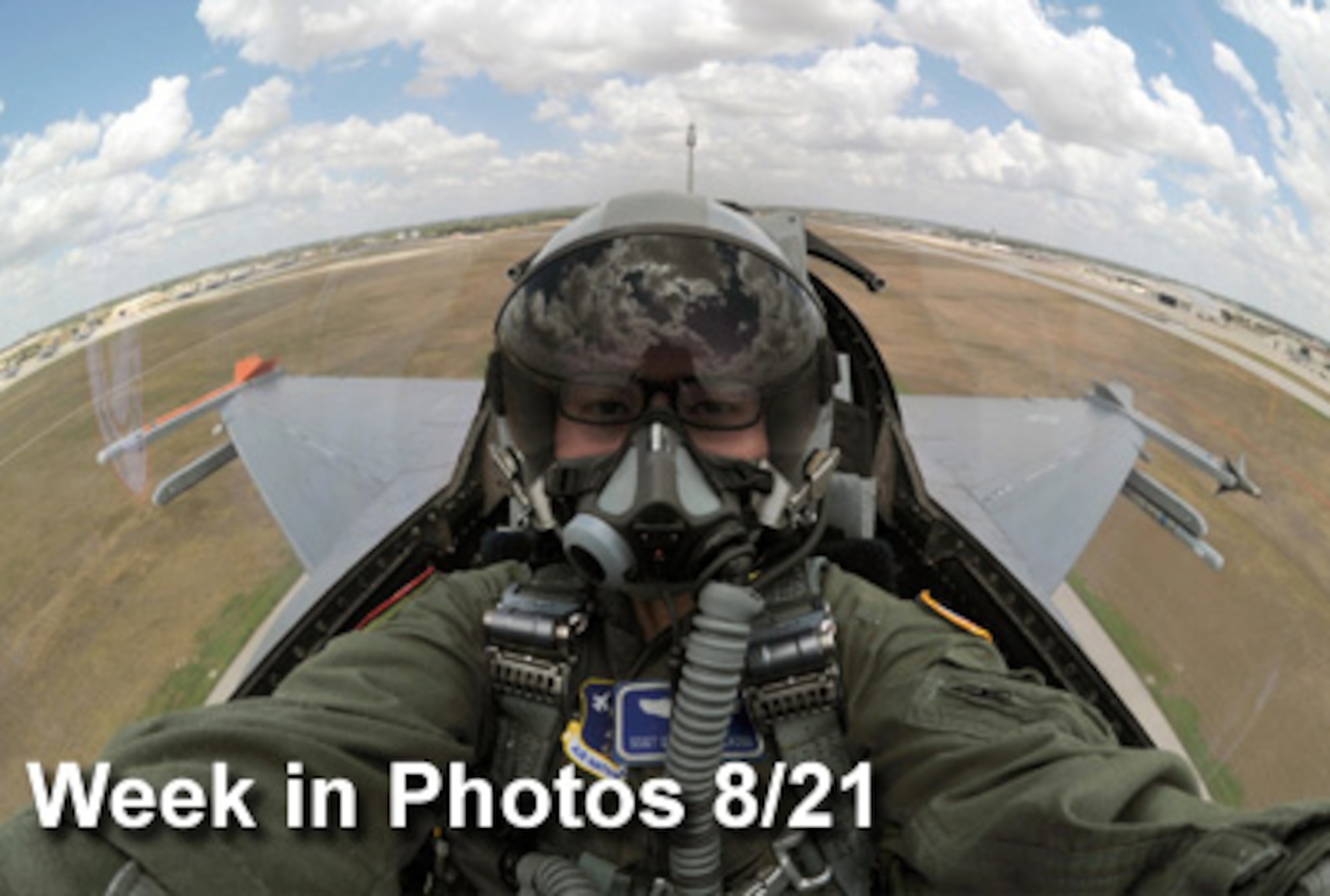 Air Force Week in Photos for Aug. 21 highlights photos from around the Air Force. In this photo by Staff Sgt. Desiree N. Palacios, the aerial photojournalist takes a self portrait as an F-16 Fighting Falcon takes off on training mission in San Antonio.  (U.S. Air Force photo illustration)