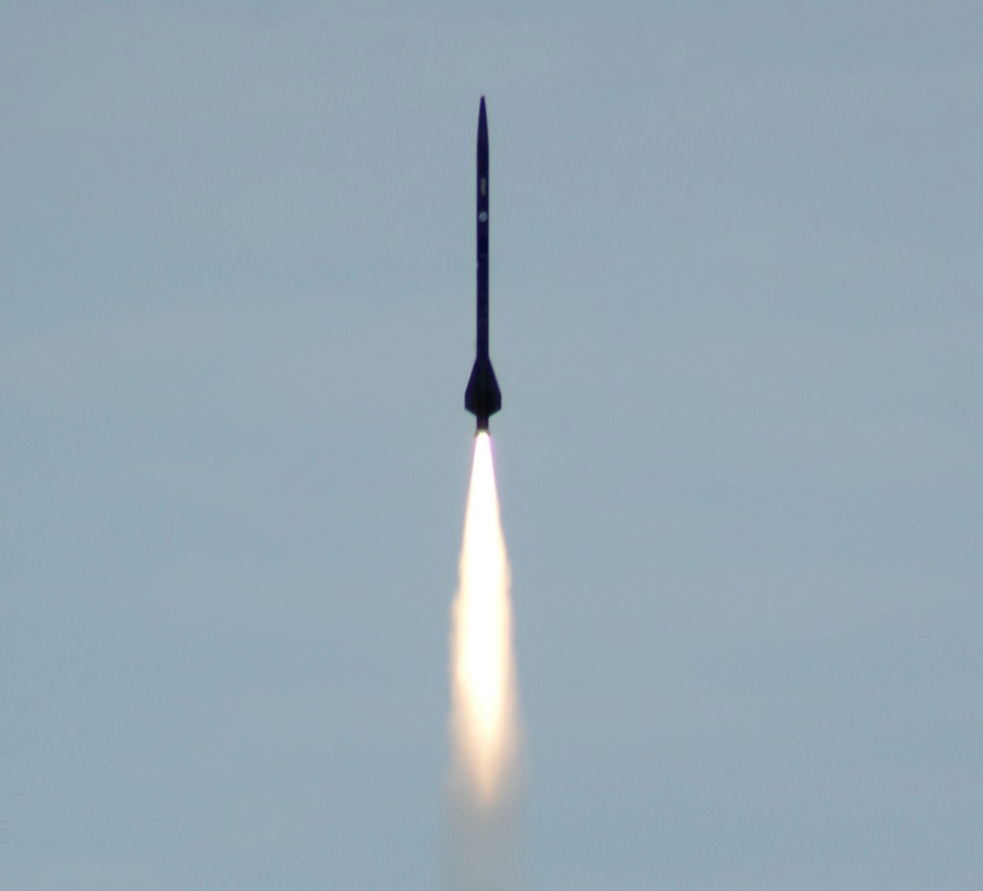 The Air Force Office of Scientific Research and NASA launched the first-ever test rocket fueled by environmentally-friendly Aluminum-Ice Propellant August 7 near Purdue University. The ALICE flight-vehicle accelerated to a speed of 205 mph and reached an altitude of nearly 1300 feet. (Credit: Dr. Steven F. Son, Purdue University)
