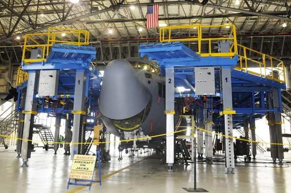 The C-130 undergoing HVM is shown in hangar 44 Aug. 17. U. S. Air Force photo by Sue Sapp