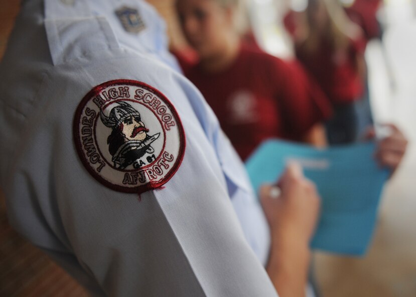 MOODY AIR FORCE BASE, Ga. -- An Air Force Junior ROTC cadet from Lowndes County High School in Valdosta, Ga., records discrepancies during a uniform inspection Aug. 18. (U.S. Air Force photo by Senior Airman Gina Chiaverotti-Paige)