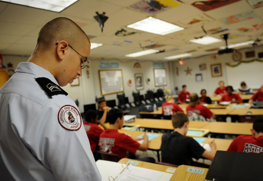 MOODY AIR FORCE BASE, Ga. -- Cadet 1st Lt. Jeffrey Garcia reads morning announcements to other Air Force Junior ROTC cadets at Lowndes County High School in Valdosta, Ga., Aug. 18. The program is set up to help develop citizens of character. (U.S. Air Force photo by Senior Airman Gina Chiaverotti-Paige)