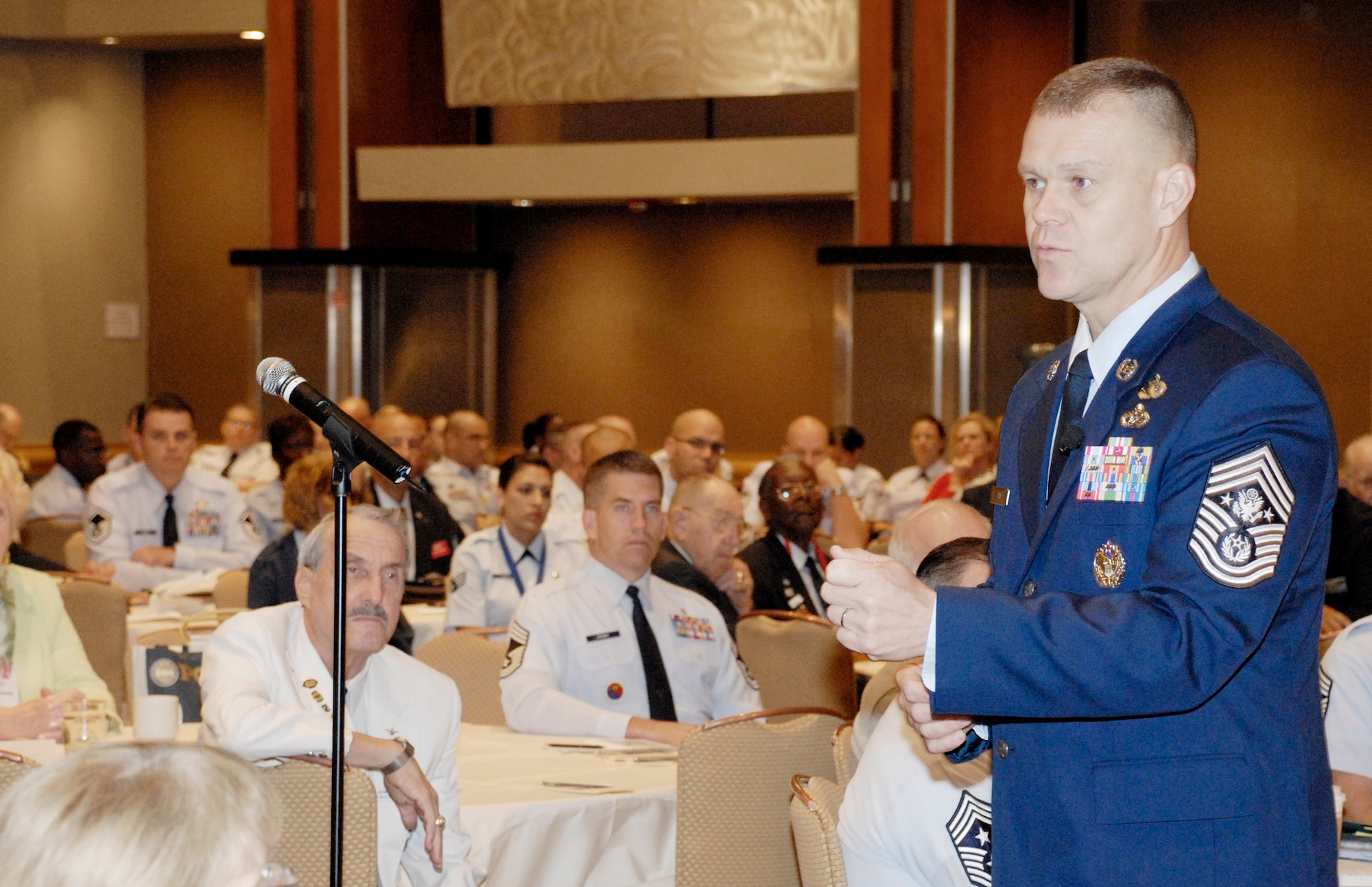 Chief Master Sergeant of the Air Force James Roy speaks to an Air Force Sergeants Association Professional Airmen's Conference audience Aug. 18 in Atlanta, during which he praised the enlisted force and highlighted several of his key priorities. (U.S. Air Force Photo/Master Sgt. Stan Parker)