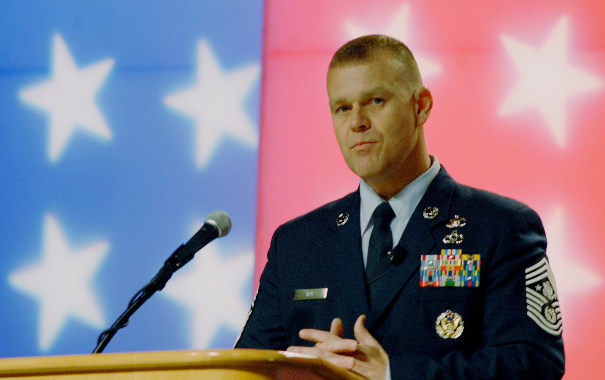 Chief Master Sergeant of the Air Force James Roy speaks to an Air Force Sergeants Association Professional Airmen's Conference audience Aug. 18 in Atlanta, during which he praised the enlisted force and highlighted several of his key priorities. (U.S. Air Force Photo/Master Sgt. Stan Parker)