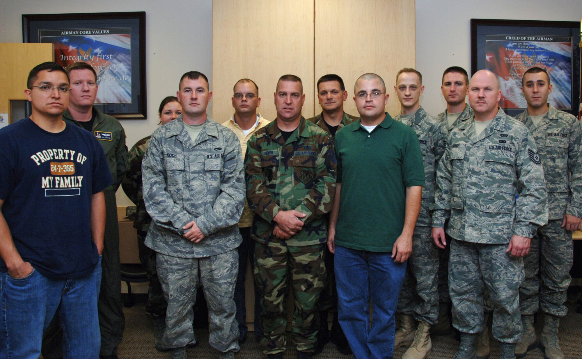 The following Airmen joined the 931st Air Refueling Group during the August Unit Training Assembly: (front row) Senior Airman Mario Gutierra, Senior Airman Joshua Koch, Tech. Sgt. Noel Heyer, Staff Sgt. Klinton Holland, Tech. Sgt. Jimmie Forge, (back row) Capt. Zachary Thompson, Senior Airman Erin Ross, Staff Sgt. Joseph Connot, Tech. Sgt. Michael Dymnioski, Senior Airman David Dorr, Airman 1st Class Peter Sevart, Airman 1st Class Mark Batten. (U.S. Air Force photo/Senior Airman Connor Burkhard)