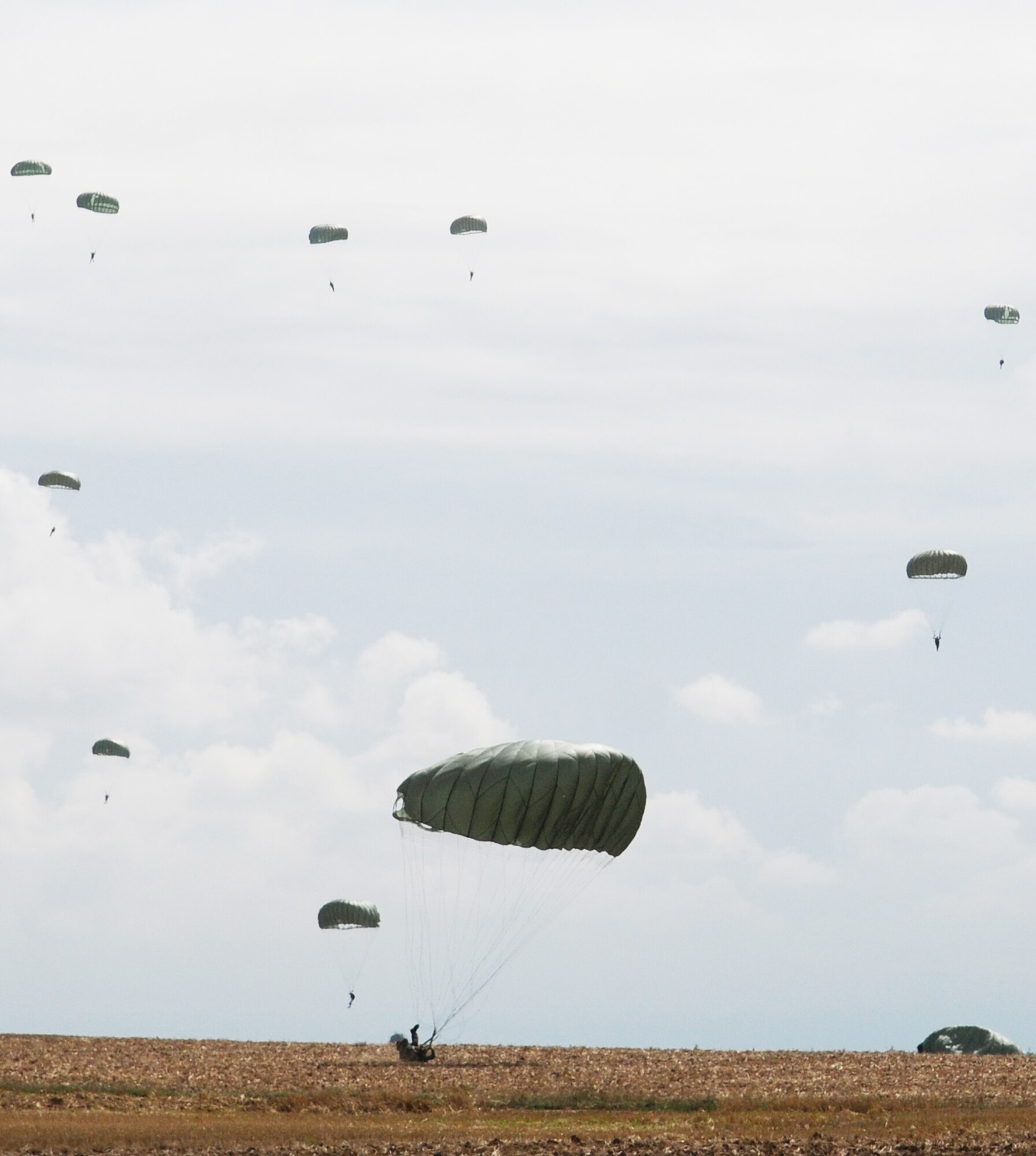 U.S. forces along with German, Italian, Belgium and Dutch armies land on the ground after parachuting over the Bunker drop zone Aug. 13 in southwestern Germany. U.S. Soldiers and Airmen performed a combined airborne drop with four other NATO countries during International Jump Week. (U.S. Air Force photo/Airman 1st Class Grovert Fuentes-Contreras)