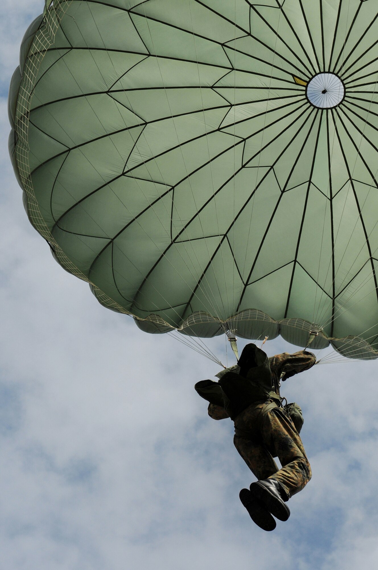 German Army soldier Christian Schlueter parachutes onto the Bunker drop zone Aug. 13 in southwestern Germany. U.S. Soldiers and Airmen performed a combined airborne drop with four other NATO countries during International Jump Week. (U.S. Air Force photo/Airman 1st Class Grovert Fuentes-Contreras) 