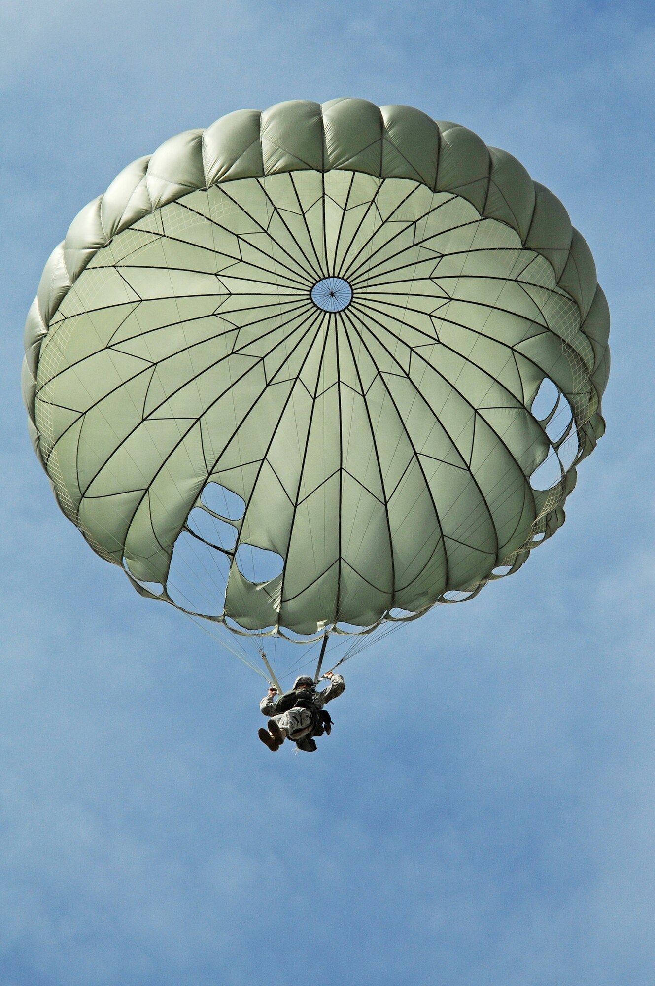 A U.S. Soldier parachutes over the Bunker drop zone Aug. 13 in southwestern Germany. U.S. Soldiers and Airmen performed a combined airborne jump with four other NATO countries during International Jump Week. (U.S. Air Force photo/Airman 1st Class Grovert Fuentes-Contreras) 