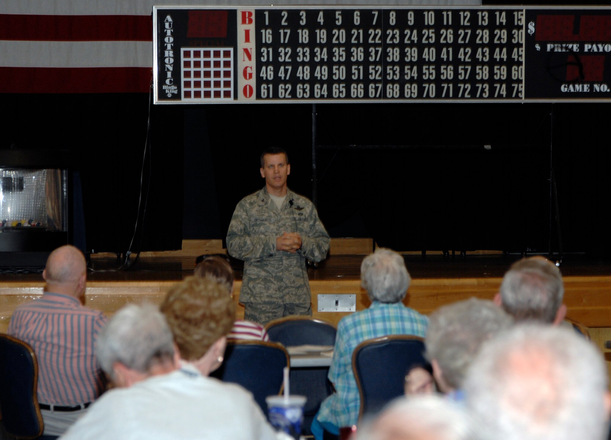 Col. Jamie W. Crowhurst, 22nd Air Refueling Wing commander, speaks to military retirees during a monthly luncheon at McConnell Air Force Base, Kan.  on Aug. 11. All retired military members can attend the luncheons scheduled every second Tuesday each month at the base community center.  (U.S. Air Force photo/Senior Airman Laura Suttles)