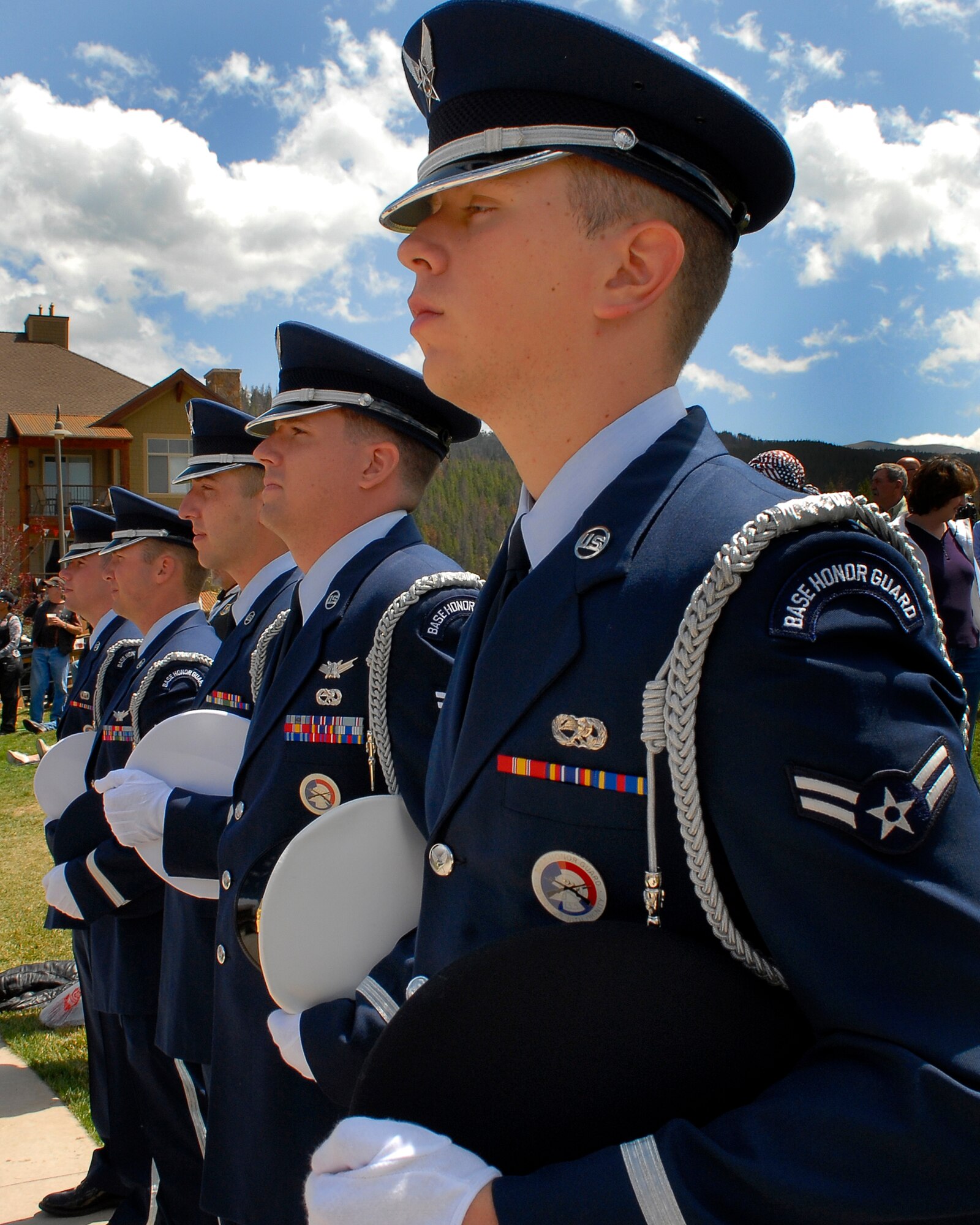 Mile High Honor Guard members stand at attention prior to performing a prisoner of war and missing in action ceremony at the Salute to American Veterans Rally and Festival in Winter Park, Colo, Aug. 15. (U.S. Air Force photo by Tech. Sgt. J. LaVoie)