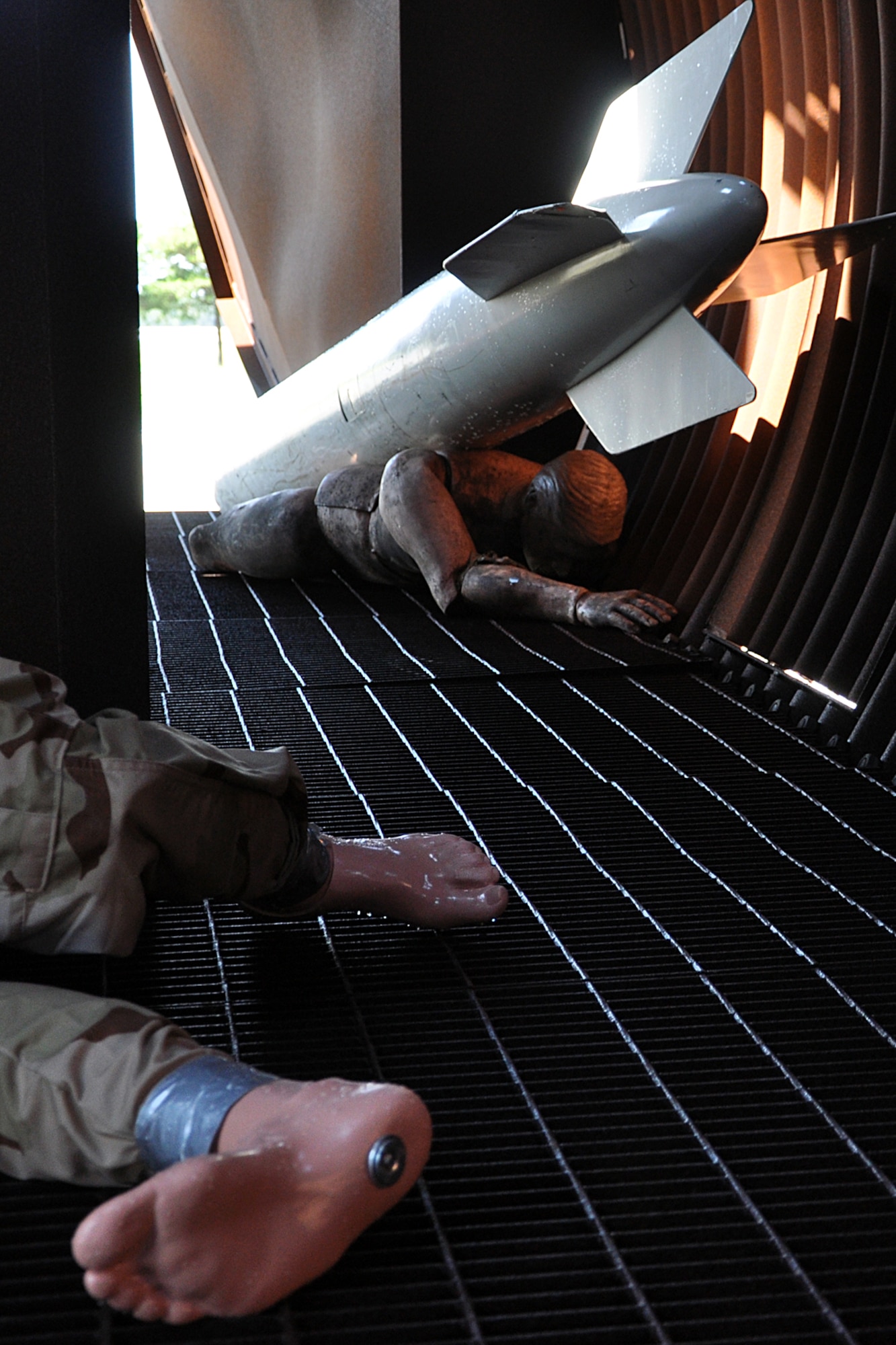 EGLIN AIR FORCE BASE, Fla. –Victims lay inside an aircraft after a simulated crash during a nuclear accident response exercise here, Aug. 18. The NARE put Eglin’s readiness to the test after a simulated C-17 Globemaster declared an in-flight-emergency and subsequently crashed with 10 people and a special weapon on board. These exercises maintain readiness for Eglin’s emergency responders, follow-on forces and maintain qualifications of command and control personnel. During the exercise, agencies had the opportunity to work with other Eglin units they don’t train with regularly. (U.S. Air Force photo/ Airman Anthony Jennings)
