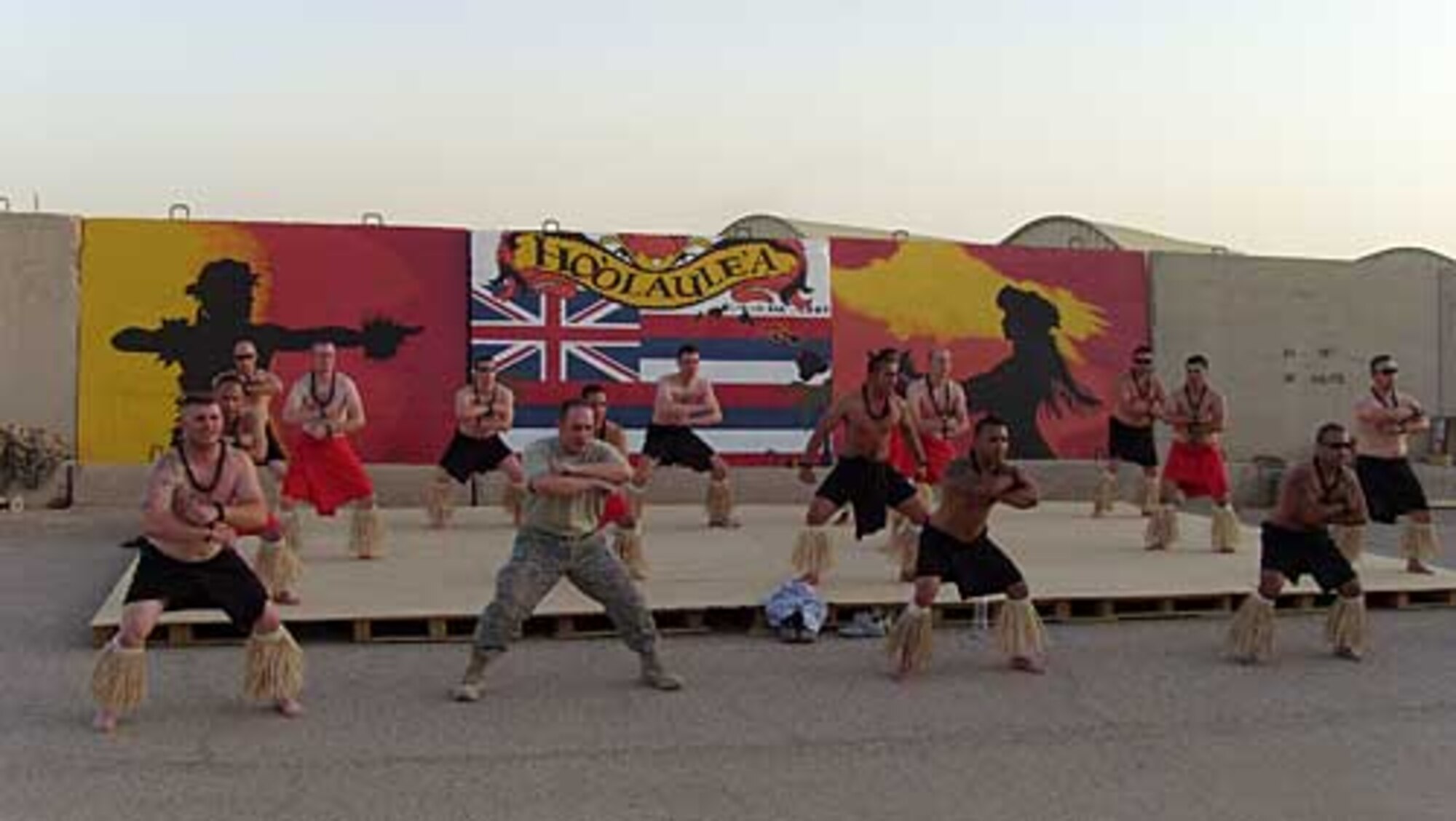 Members of the Maui-based 292nd Combat Communications Squadron practice the haka for the 50th anniversary of Hawaii statehood luau to be held Saturday in Kirkuk, Iraq. More than 1,000 people are expected to attend. (Courtesy Hawaii Air National Guard)