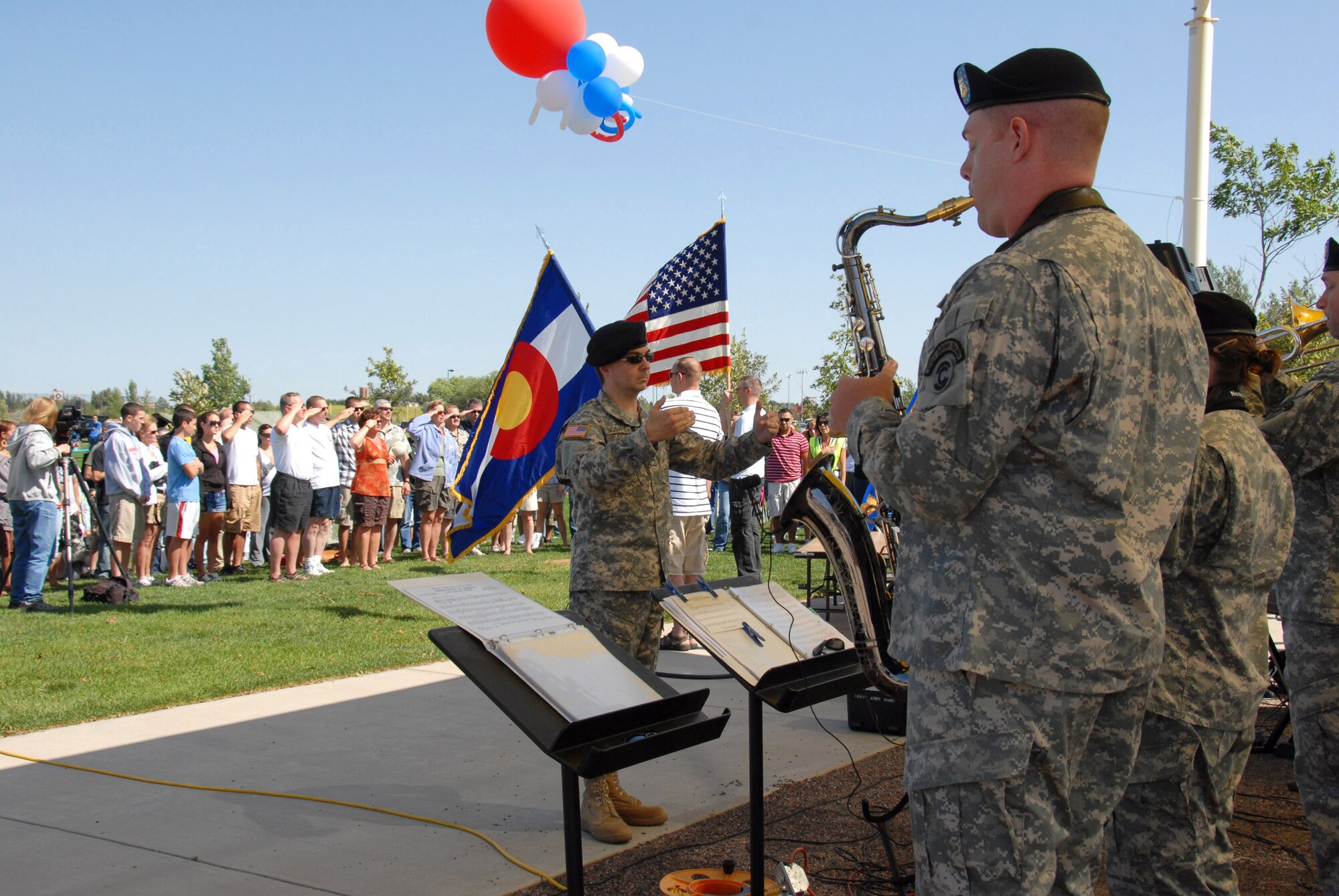The 101st Army Band of the Colorado National Guard performs for the crowd at the Colorado Air National Guard's Welcome Home Ceremony on August 16th.