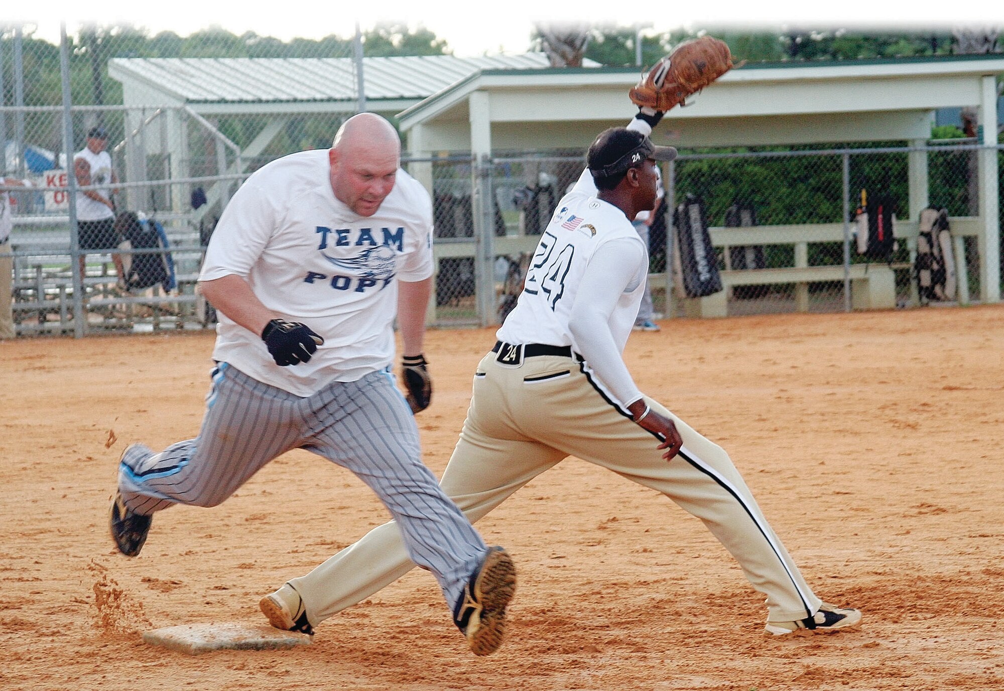 Jason Bender crosses first base in a game against Fort Benning at the USSSA World Series tournament Aug. 15 at Panama City, Fla. (U.S. Photo by Irvin Gourdine)