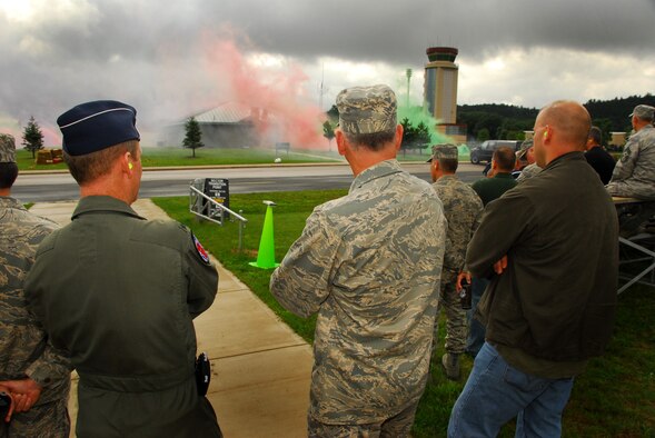 Civic leaders from seven Midwestern states attending the National Guard Bureau sponsored Business and Industry Days, watch demonstrations of the Air National Guard's chemical war defensive capabilities at Volk Field Combat Readiness Training Center, WI, Aug. 20, 2009.  The two-day event is designed to give business and industry leaders a better understanding of the citizen soldiers and Airmen who are employed in their respective states.  (U.S. Air Force photo by Staff Sgt. Ashley Bell)