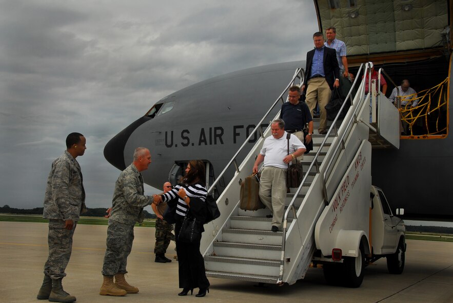 Civic leaders from seven Midwestern states arrive at Volk Field Combat Readiness Training Center, WI, to take part in the National Guard sponsored Business and Industry Days, Aug. 19, 2009.  Business and Industry Days is a two-day event designed to give business and industry leaders a better understanding of the citizen soldiers and Airmen who are employed in their respective states.  (U.S. Air Force photo by Staff Sgt. Ashley Bell)