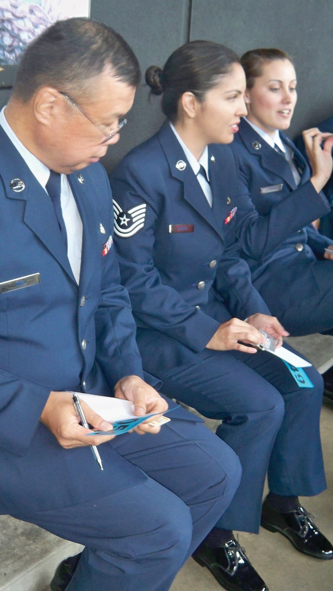 Tech. Sergeant Freemont Dea completes a short questionnaire as he waits in line for the August 11 taping of The Price is Right in Los Angeles. The popular game show served lunch to the all-military audience prior to the taping of their annual Veteran’s Day show.  (U.S. Air Force photo by MSgt Linda Welz)