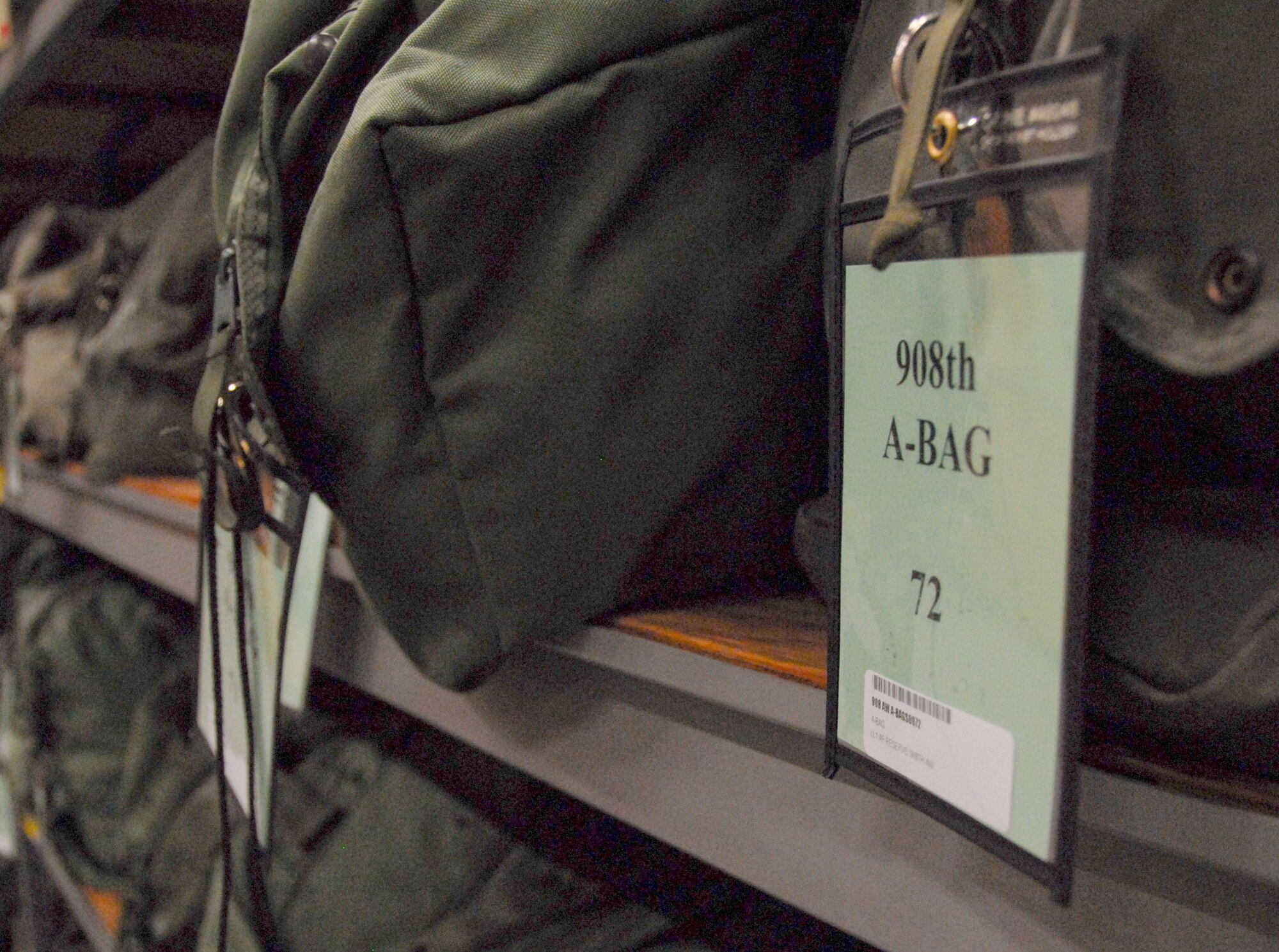 908th Airlift Wing "mobility bags" are stored by the 42nd Air Base Wing at Maxwell. The August 42nd ABW base exercise included the 908th AW's cargo processing as the Reserve Wing prepares for its Operational Readiness Inspection in December. (U.S. Air Force photo/Jamie Pitcher) 