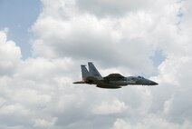 An F-15 Eagle takes flight for a joint training opportunity with F-22 Raptors at the 125th Fighter Wing, Florida Air National Guard, Jacksonville, Fl, August 8, 2009.  The 125th Fighter Wing is hosting four F-22 Raptors from the 43rd Fighter Squadron, 325th Fighter Wing, Tyndall AFB, Fl for two days of intensive integration training Aug. 8-9.(Florida Air National Guard photo by TSgt. Shelley Gill) (Cleared)