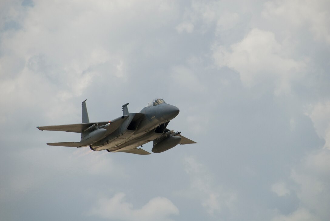 An F-15 Eagle takes flight for a joint training opportunity with F-22 Raptors at the 125th Fighter Wing, Florida Air National Guard, Jacksonville, Fl, August 8, 2009.  The 125th Fighter Wing is hosting four F-22 Raptors from the 43rd Fighter Squadron, 325th Fighter Wing, Tyndall AFB, Fl for two days of intensive integration training Aug. 8-9.(Florida Air National Guard photo by TSgt. Shelley Gill) (Cleared)