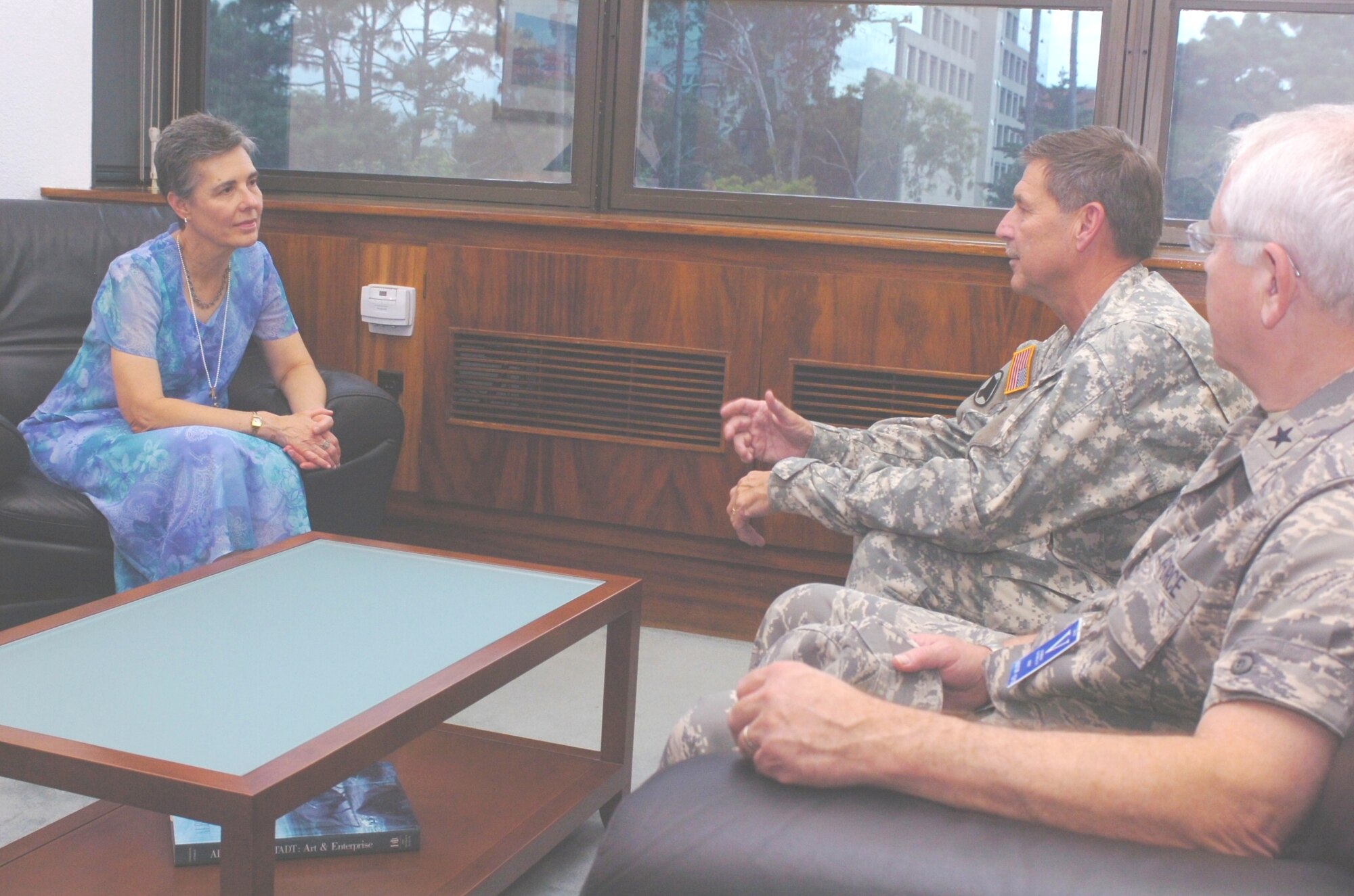 Embassy Meeting – Maj. Gen. William Wofford (center), adjutant general of the Arkansas National Guard and Brig. Gen. Riley Porter (right), commander of the Arkansas Air National Guard meet with Ms. Kay Anske, deputy chief of missions at the U.S. Embassy in Guatemala.  The generals, along with commanders and senior enlisted advisors of several units of the Arkansas Air National Guard were in Guatemala Aug. 5-8 for a Senior Leader Exchange with the Guatemalan Air Force as part of the State Partnership Program through the National Guard Bureau.  The generals explained the capabilities and missions of the Guard, and discussed possible future cooperative exchanges with the Guatemalan military. (Air Force Photo by Maj. Keith Moore, Public Affairs Officer, Joint Force Headquarters, Arkansas Air National Guard.)