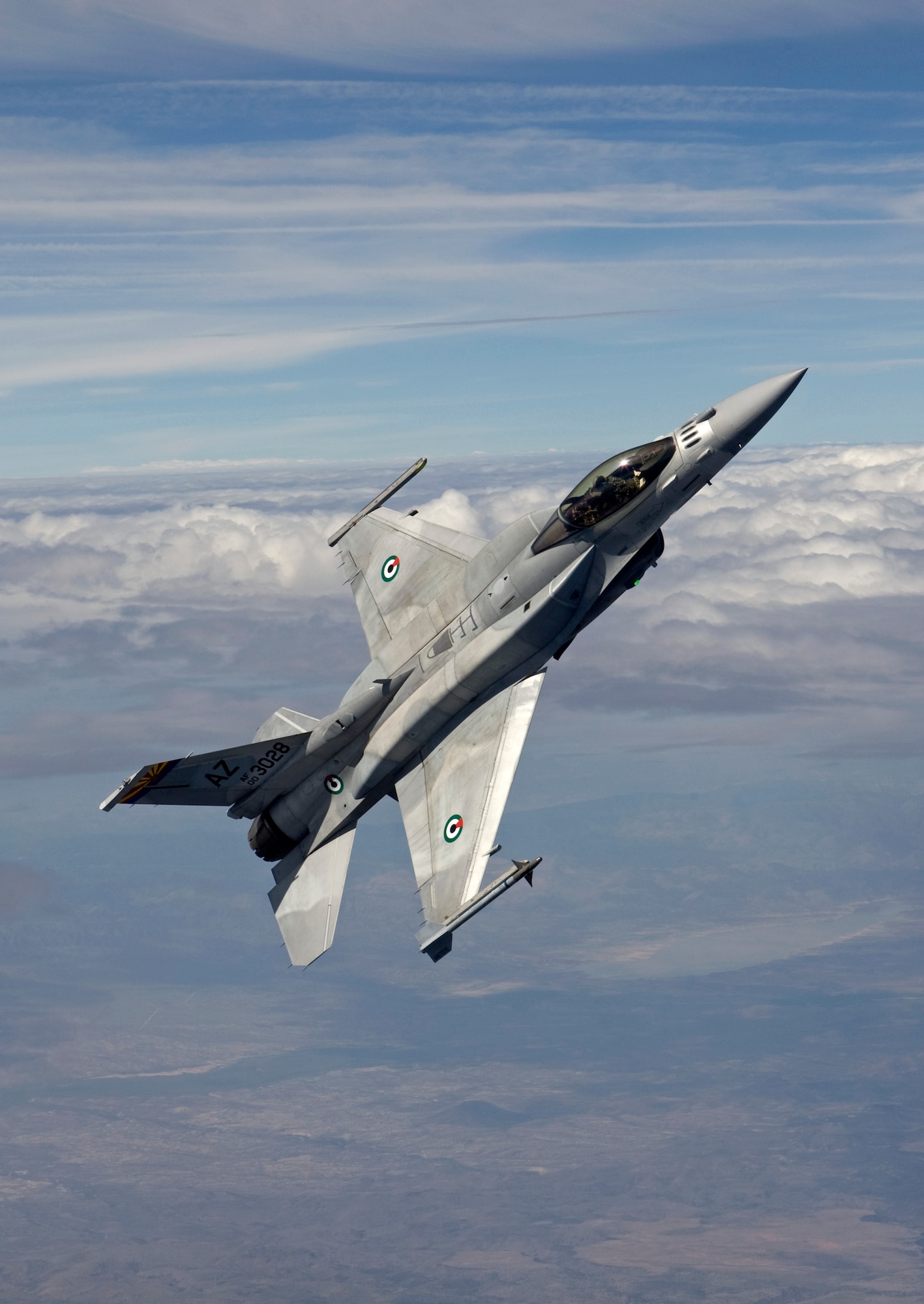 A United Arab Emirates F-16E Desert Falcon, block 60, flies over Southern Arizona Aug. 11 before heading to the country’s first Red Flag at Nellis Air Force Base, Nev. The 162nd Fighter Wing at Tucson International Airport maintains and operates a squadron of block 60s for the purpose of training the U.A.E. Air Force in the advanced multi-role fighter. (Photo by James Haseltine, HIGH-G Productions)