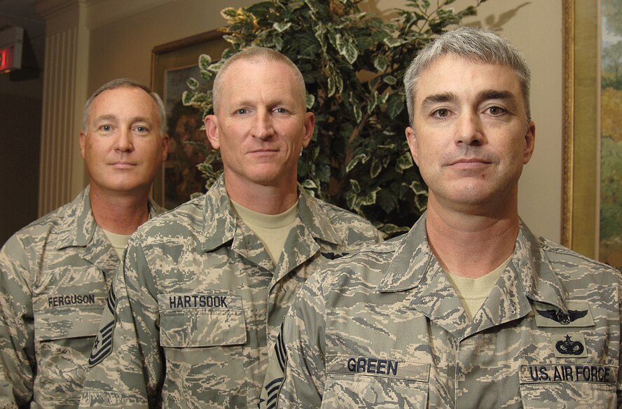 From left: Chief Master Sgts. Scott Ferguson, Roddy Hartsook and Jackie Green were recently nominated as candidates for Command Chief positions. (Air Force photo by Margo Wright)