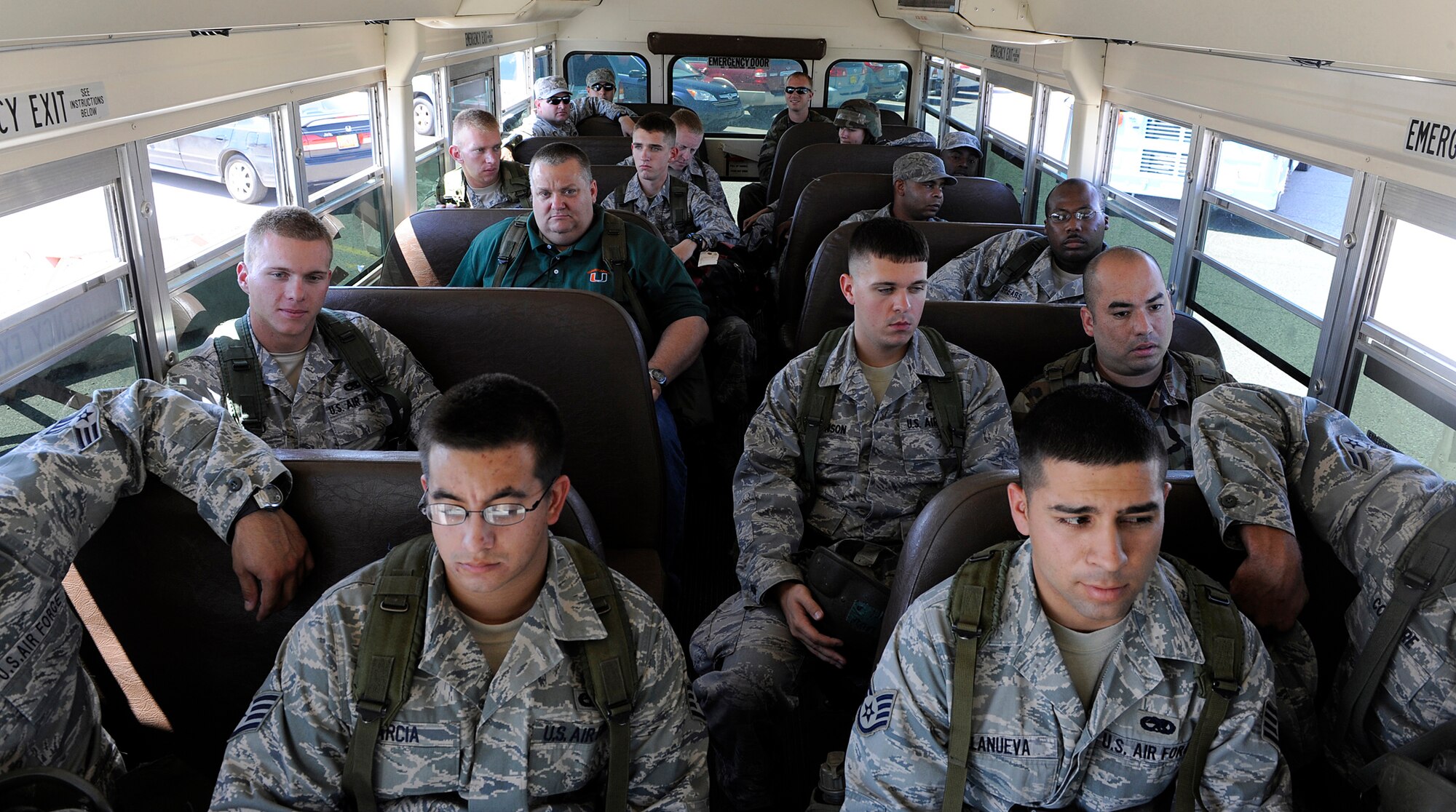 HOLLOMAN AIR FORCE BASE, N.M. -- Airmen and Department of Defense civilians wait to be processed through a '"deployment line" during an exercise here Aug. 19. Personnel at Holloman routinely practice for common scenarios to gain familiarity and prepare to fly, fight and win. (U.S. Air Force photo by Senior Airman Tiffany Trojca)