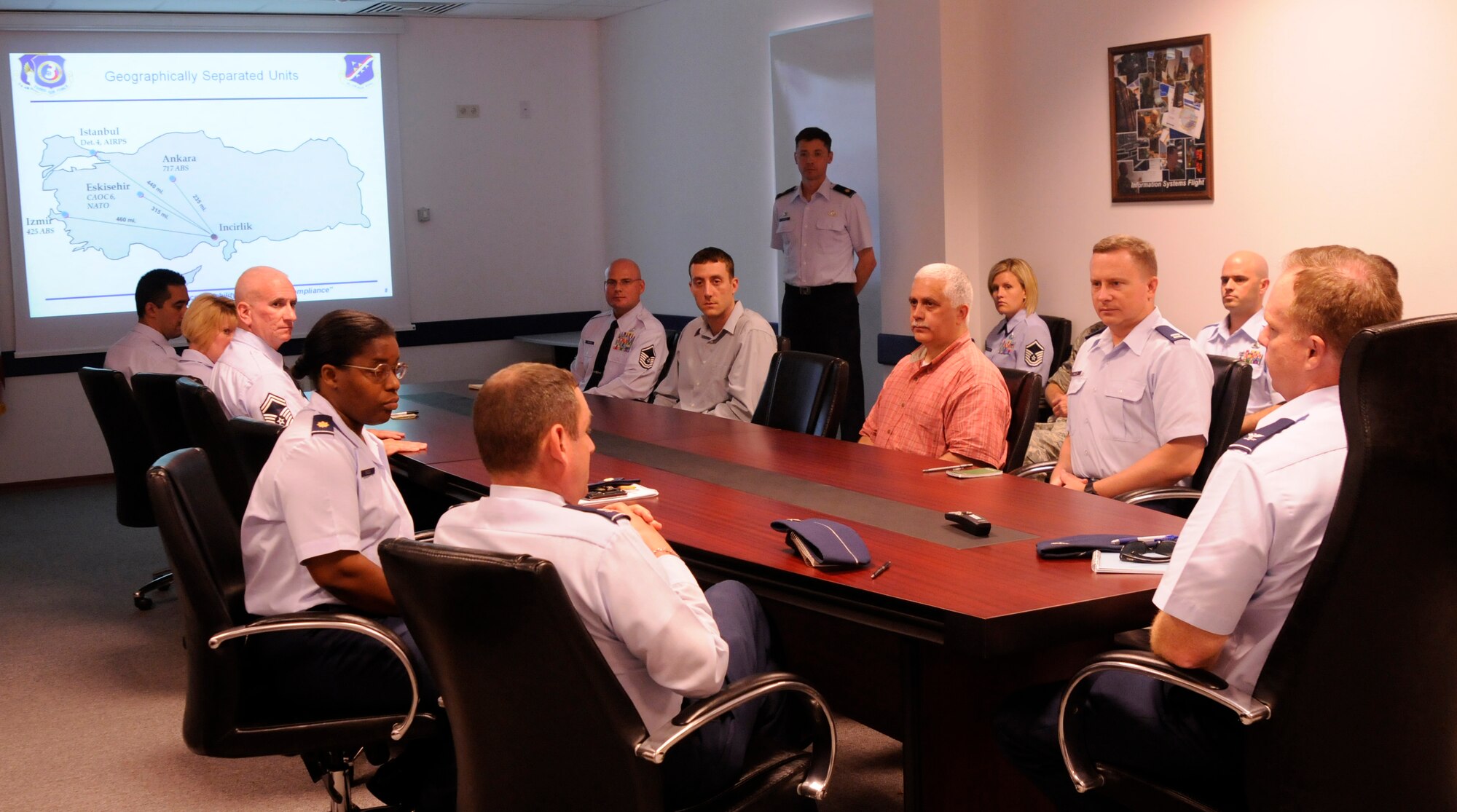 39th Mission Support Group and 39th Communications Squadron leaders brief Col. Eric Beene, the 39th Air Base Wing commander, during his visit to the 39th CS during a base familiarization tour Monday, Aug. 17, 2009 at Incirlik Air Base. (U.S. Air Force photo/Airman 1st Class Amber Ashcraft)
