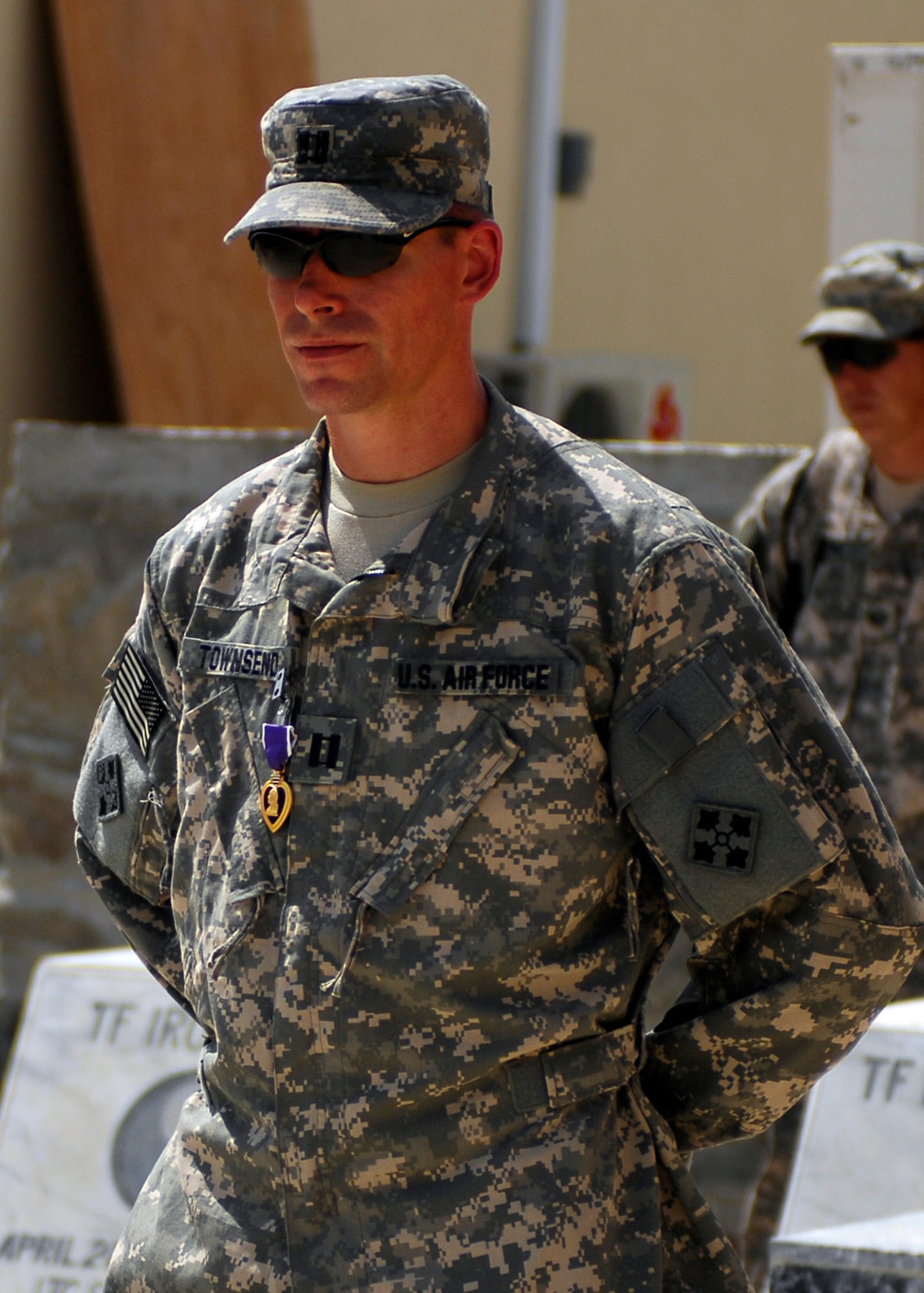 BAGRAM AIRFIELD, Afghanistan - Captain Clint Townsend, Laghman PRT senior engineer, was awarded the Purple Heart for being wounded in combat, Aug. 17. Captain Townsend was on a mission supporting Operation Enduring Freedom when he was shot by a sniper. Captain Townsend, a native of Alaska, is deployed from Spangdahlem, Germany. (U.S. Air Force photo/Senior Airman Felicia Juenke)
