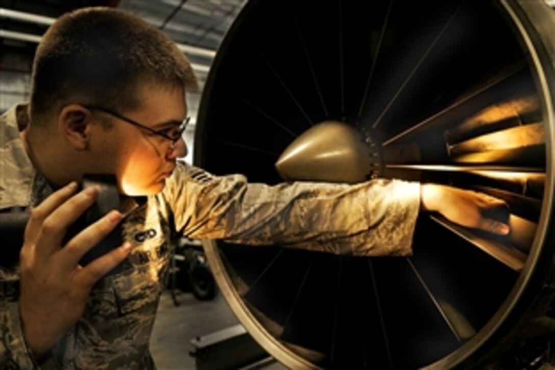 U.S. Air Force Senior Airman William Hills performs an inlet inspection on an F-16 Fighting Falcon jet engine on Eielson Air Force Base, Alaska, Aug. 12, 2009. The check is performed during a routine maintenance assessment to look for nicks or foreign object damage to the blades. Hill is an air space propulsions jet mechanic assigned to the 354th Maintenance Squadron.