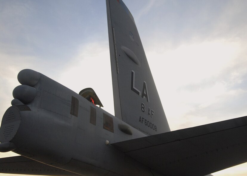 NELLIS AIR FORCE BASE, Nev. --  A B-52 assigned to the 20th Bomb Squadron, Barksdale Air Force Base, La. arrives at Nellis AFB, Nev., Aug 21 to participate in Red Flag 09-5, an intense two-week combat scenario exercise.  Red Flag is conducted on the 15,000-square-mile Nevada Test and Training Range, north of Las Vegas. The exercise is one of a series of advanced training programs administered by the U.S. Air Force Warfare Center and Nellis, through the 414th Combat Training Squadron. (U.S. Air Force photo by Staff Sgt. Sarah E. Stegman)(RELEASED)