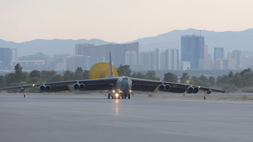 NELLIS AIR FORCE BASE, Nev. -- A B-52 from Barksdale Air Force Base, La., arrives here Aug. 21 to participate in Red Flag 09-5, an intense two-week combat scenario exercise. Red Flag is conducted on the 15,000-square-mile Nevada Test and Training Range, north of Las Vegas. The exercise is one of a series of advanced training programs administered by the U.S. Air Force Warfare Center and Nellis, through the 414th Combat Training Squadron. (U.S. Air Force photo by Staff Sgt. Sarah E. Stegman)(RELEASED)