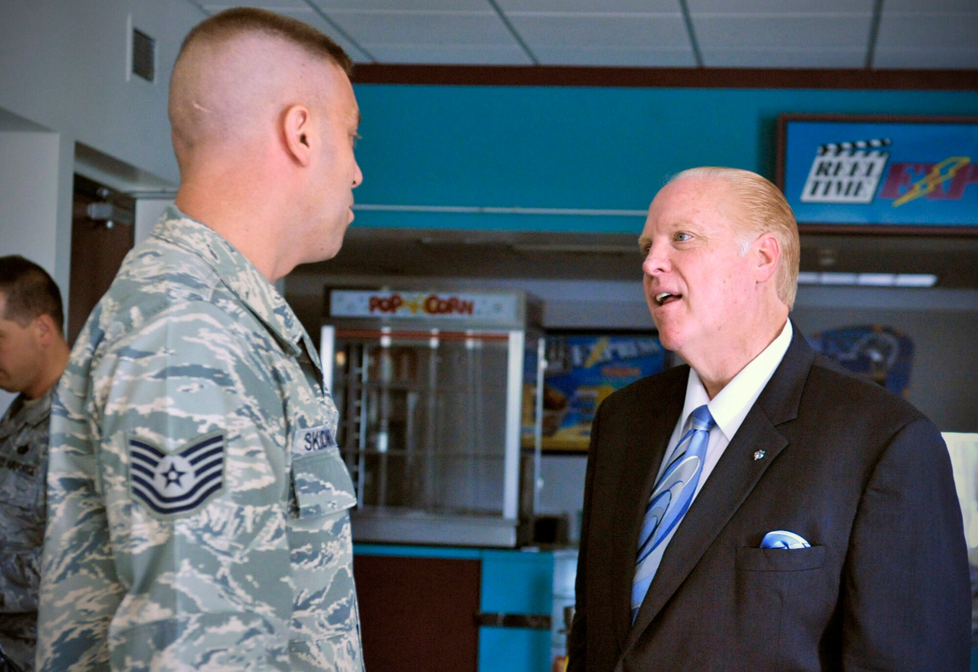 FAIRCHILD AIR FORCE BASE, Wash. – Tech. Sgt. Rick Skidmore, 92nd Communications Squadron network management Noncommissioned Officer in Charge, takes a moment to speak with Dr. Howard Haller after hearing his presentation at the Base Theater Aug. 14. Dr. Haller participated in Air Fore Reserve Officer Training Corps and worked his way through college as a Federal Aviation Administration Certified Flight Instructor. (U.S. Air Force photo / Senior Airman Jocelyn A. Guthrie)

 
