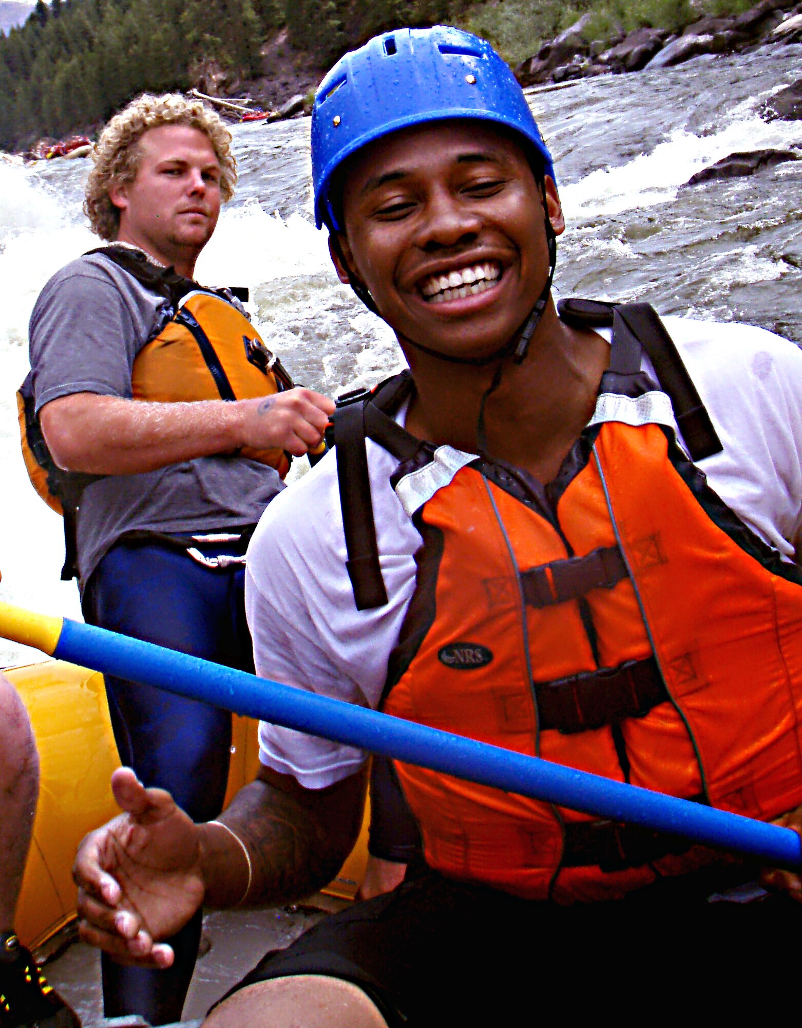 FAIRCHILD AIR FORCE BASE, Wash. – Senior Airman Desean Jones, 92nd Aero Medical Dental Squadron public health technician, rafts with the Fairchild Airmen Ministry Center July 8. The event took place at Pangaea Rafting Company in Superior, Mont. The trip was Airman Jones’ first time white water rafting. (U.S. Air Force photo by/ Airman 1st Class Natasha E. Stannard) 