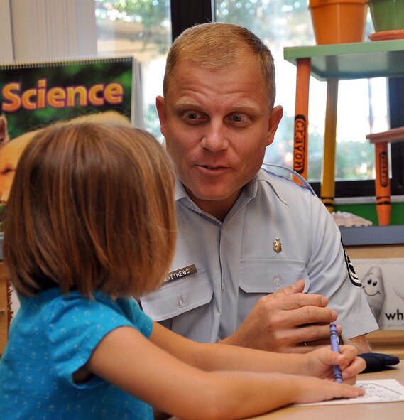 EGLIN AIR FORCE BASE, Fla. – Master Sgt. Scotty Matthews, 96th Medical Group education flight chief, wishes his five-year-old daughter, Sarah, a good first day of at Eglin Elementary School, Aug. 24. Drivers are reminded to keep a careful eye out as children will be to and from bus stops in the mornings and afternoons. Eglin drivers are reminded to slow down and stop for school buses and remain alert for children crossing. (U.S. Air Force photo/ Airman Anthony Jennings)
