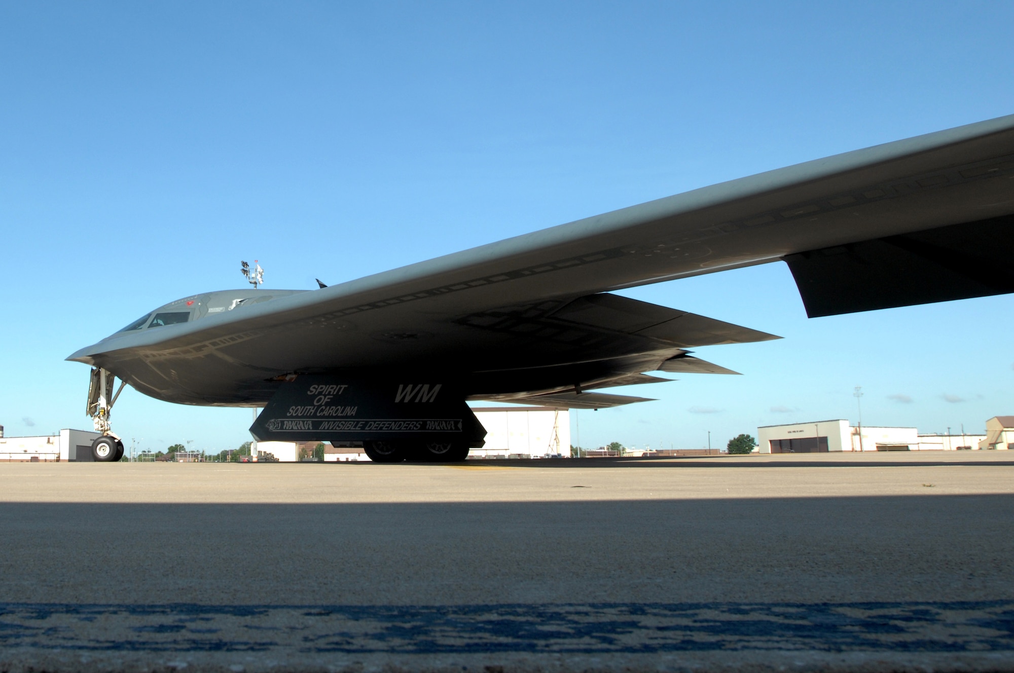 WHITEMAN AIR FORCE BASE, Mo. – A B-2 Spirit, taxis down the Whiteman flightline prior to takeoff, Aug. 22, 2009. Twenty B-2 bombers are assigned to the 509th Bomb Wing. The B-2 brings massive firepower to bear, in a short time, anywhere on the globe through previously impenetrable defenses. (U.S. Air Force photo/Senior Airman Kenny Holston)