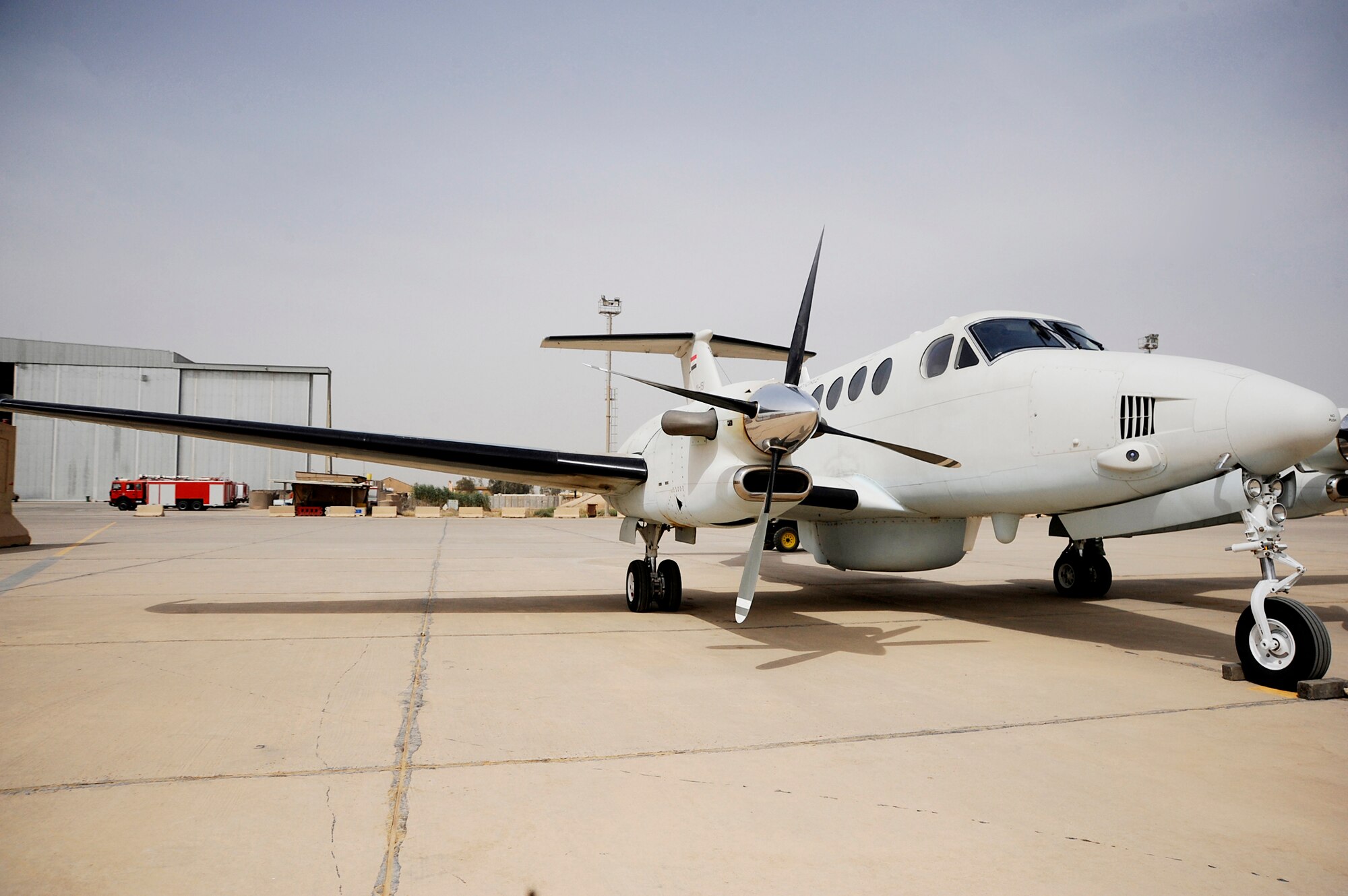 An Iraqi air force King Air 350 sits on the airfield at Al Muthana Air Base, Iraq, May 8. The airplane is assigned to the Iraqi air force's King Air Squadron 87 and boasts the intelligence, surveillance and reconnaissance capabilities necessary for the detection and deterrence of insurgent activity. (U.S. Air Force photo/Staff Sgt. Shawn Weismiller) 