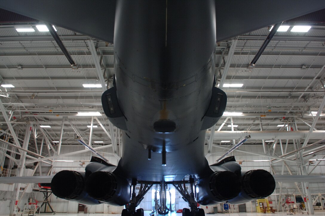 The B-1B Lancer sits in a hangar, awaiting routine maintenance. The B-1 features the ALQ-161 countermeasure system, which protects the B-1 from enemy attacks and radar detection.(U.S. Air Force photo/Airman 1st Class Jarad A. Denton)
