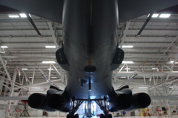 The B-1B Lancer sits in a hangar, awaiting routine maintenance. The B-1 features the ALQ-161 countermeasure system, which protects the B-1 from enemy attacks and radar detection.(U.S. Air Force photo/Airman 1st Class Jarad A. Denton)