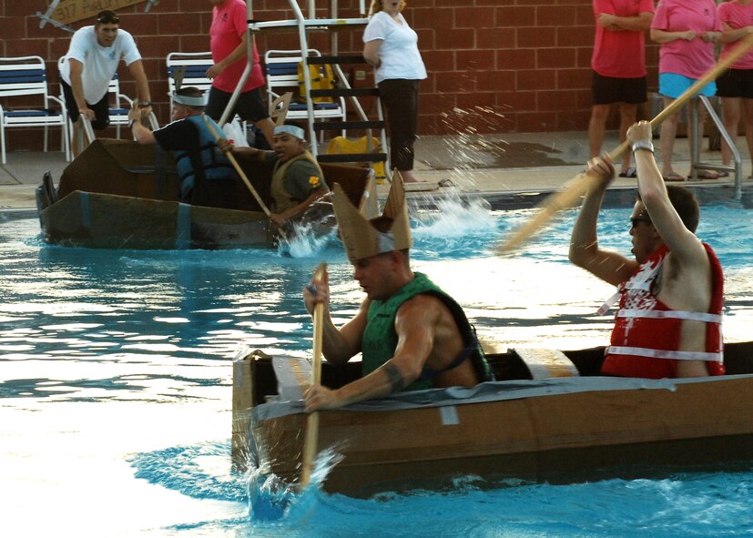 DYESS AIR FORCE BASE, Texas – Airmen from the 7th Security Forces Squadron participated in a Build-a-Boat contest here Aug. 21. The contestants had a little more than an hour to plan and complete their boats made out of cardboard and tape. The contest is an annual hallmark event that the headquarters Air Force Services Agency and 7th Force Support Squadron support. (U.S. Air Force photo by Airman 1st Class Chelsea L. Browning)