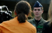 MOODY AIR FORCE BASE, Ga. -- Capt. Sean Ruane, 41st Rescue Squadron scheduler and HH-60G Pave Hawk co-pilot, answers questions during a media interview prior to deploying here Aug. 21. Captain Ruane gave a brief explanation of his squadron’s mission during the interview. (U.S. Air Force photo by Airman 1st Class Joshua Green)