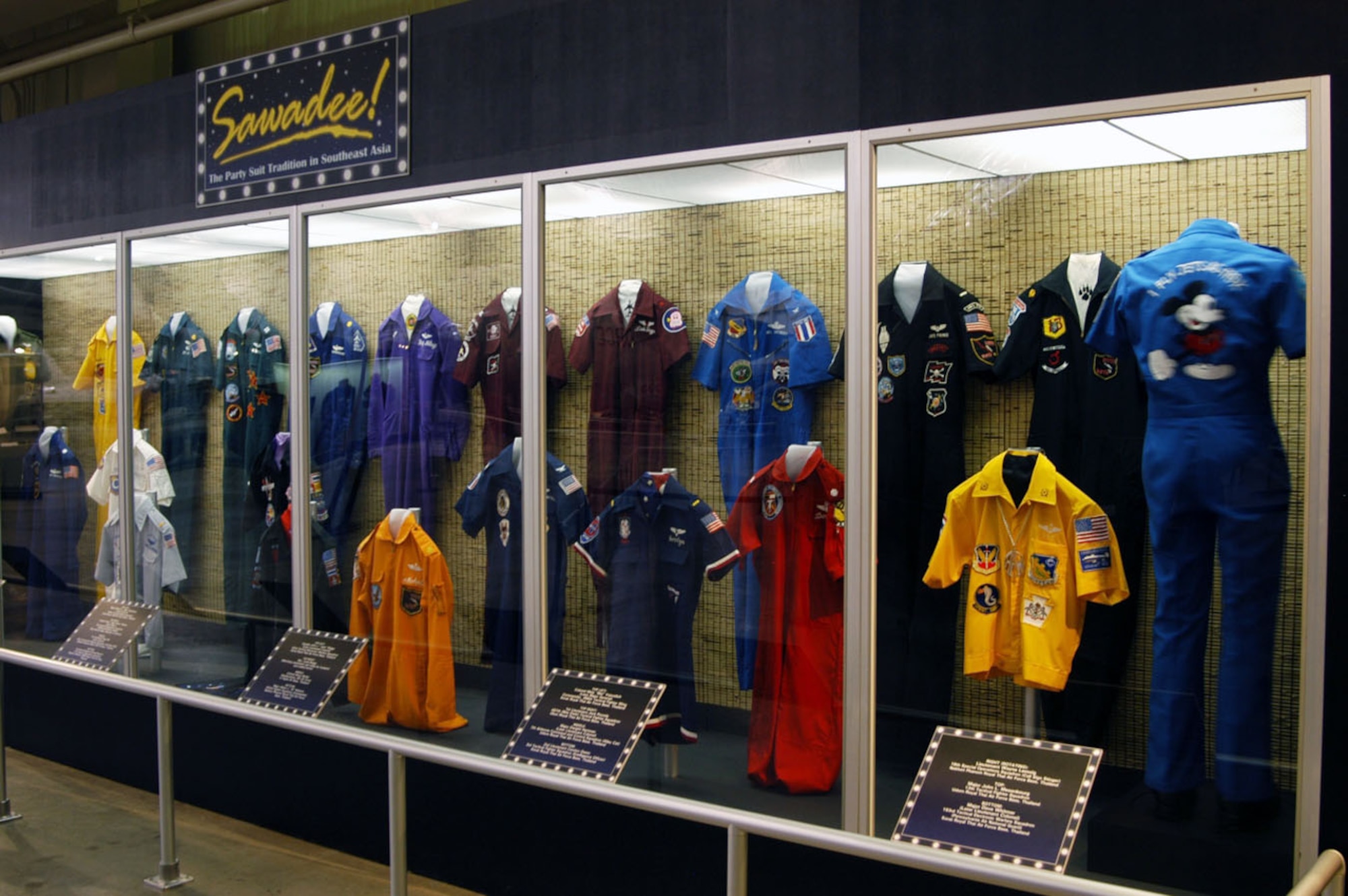 DAYTON, Ohio -- Twenty-two examples of party suits are displayed in the Southeast Asia War Gallery at the National Museum of the United States Air Force. (U.S. Air Force photo)