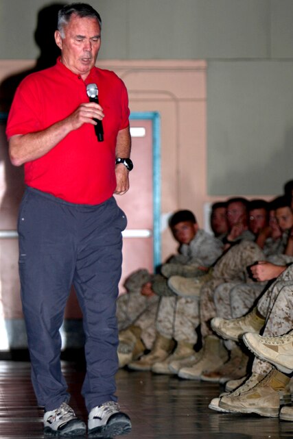 MARINE CORPS AIR GROUND COMBAT CENTER TWENTYNINE PALMS, Calif. - Dr. Jack Matthews, a retired Marine Corps lieutenant colonel, speaks to a gathering of Combat Center Marines and sailors at the Sunset Cinema about his personal battle with alcoholism. Matthews has been sober for 25 years and has spent the last 13 telling his story to service members across the globe.