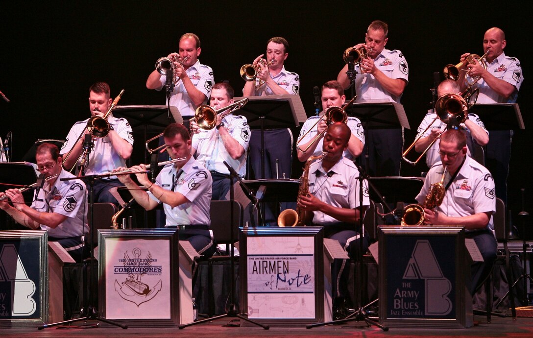 Members of The USAF Band’s Airmen of Note perform at the 3rd annual Joint Service Jazz Festival in Washington, DC.  The concert, which took place at the Carter Barron Amphitheatre on August 16th, also featured the Army Blues and the Navy Commodores.  (photo by SFC Mark Wood, U.S. Army Band)