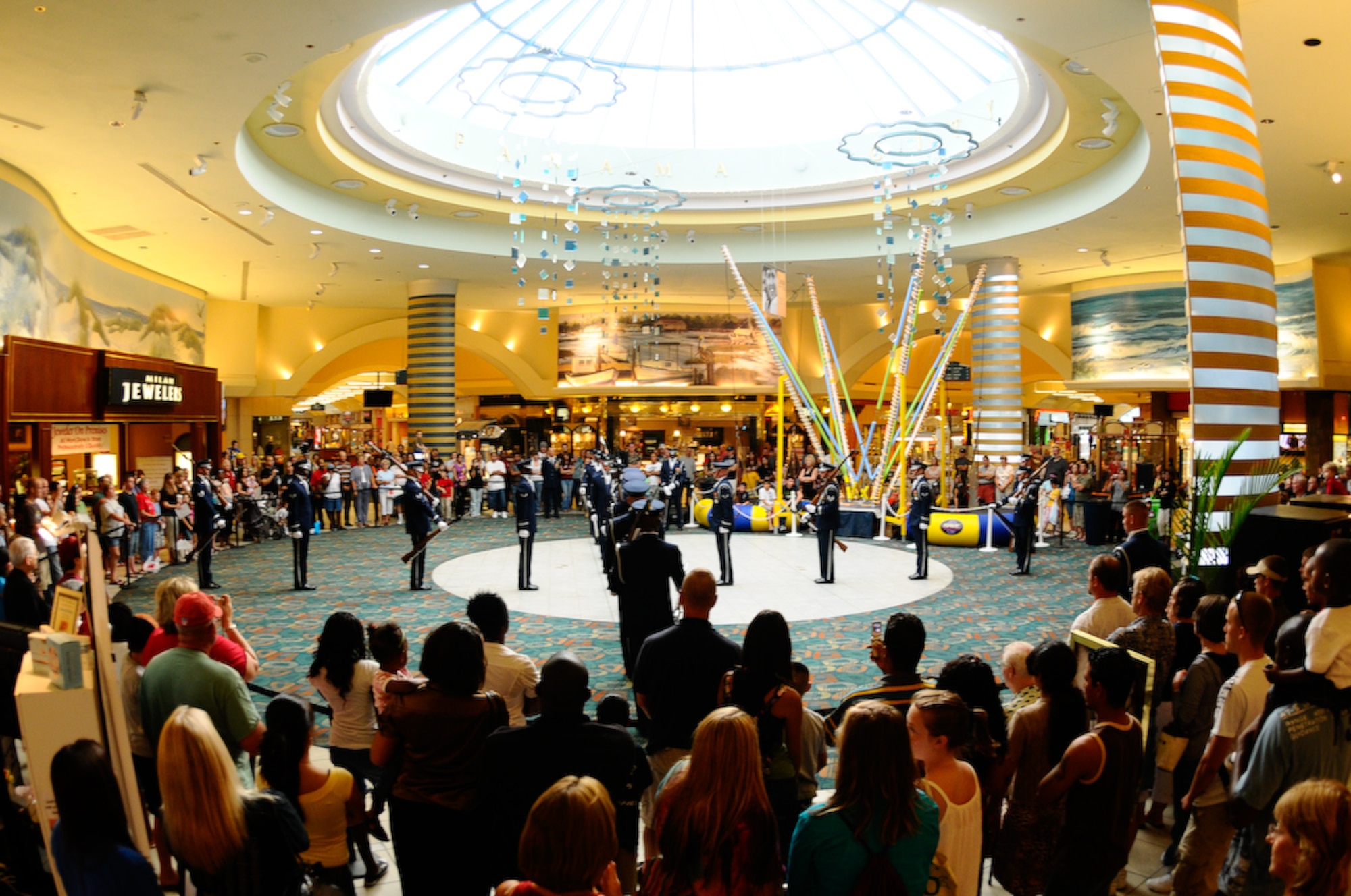 The United States Air Force Honor Guard Drill Team holds a back-to-back performance at a mall in Panama City, Fla., Aug. 21. This was the last stop for the Drill Team in Panama City before heading to MacDill Air Force Base. The team performs on military installations and in local communities during their Florida tour, showcasing Air Force professionalism and teamwork. (U.S Air Force photo by Senior Airman Alexandre Montes)