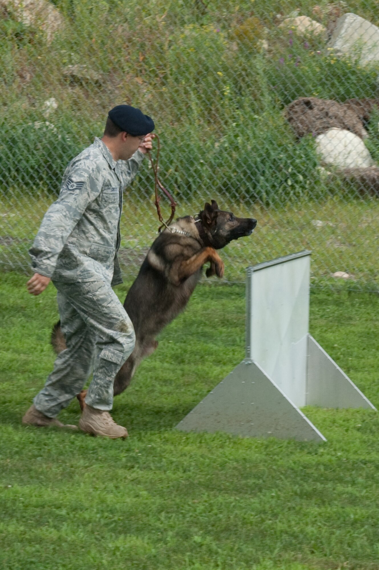 HANSCOM AIR FORCE BASE, Mass. –Military Working Dog Boxi prepares to leap over a hurdle with guidance from his handler, Staff Sgt. Richard Crotty, 66th Security Forces Squadron. Security Forces personnel recently installed a new obstacle course to enhance the training and conditioning for Hanscom’s Military Working Dogs. (U.S. Air Force photo by Rick Berry)